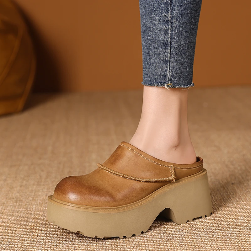 厚底穆勒鞋增高一脚蹬真皮包头半拖鞋女2025新款时尚外穿粗跟凉鞋