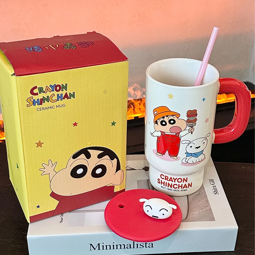 deardali蜡笔小新陶瓷马克杯女生高颜值水杯办公室咖啡杯吸管杯