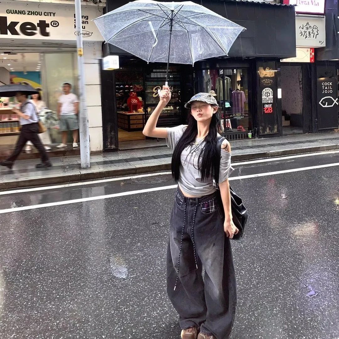 美式格子拼接弯刀牛仔裤春秋季新款中腰宽松显瘦直筒阔腿拖地长裤