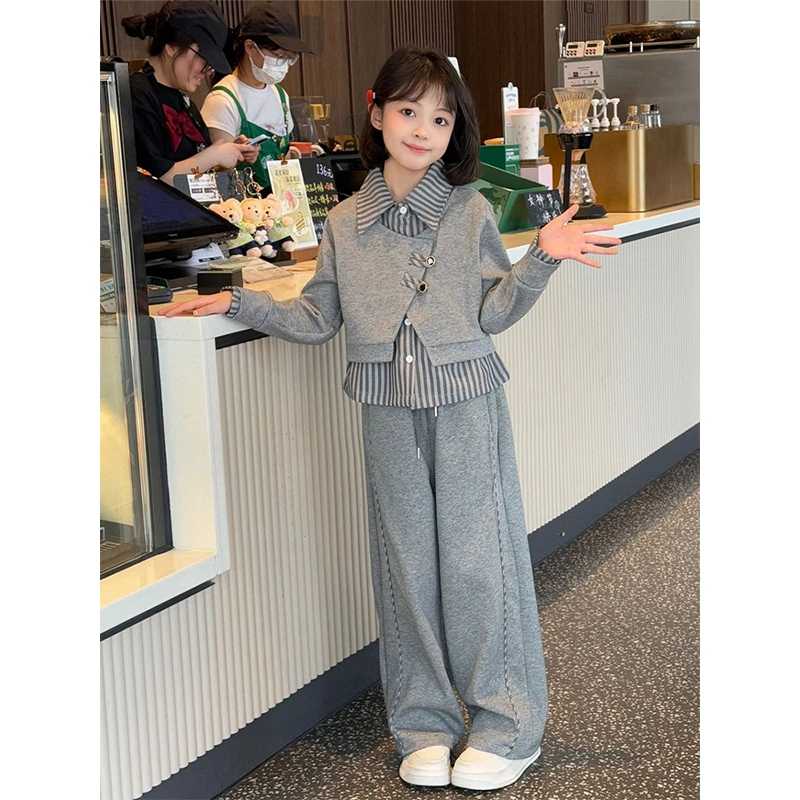 女童套装秋装2025新款洋气时髦超好看衬衫卫衣假两件女大童春秋款