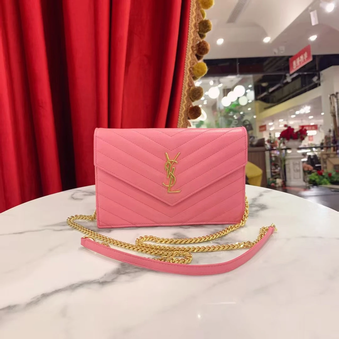 95新 YSL/圣罗兰 CD 萌萌 圣罗兰信封小号粉金荔枝单肩包88164905