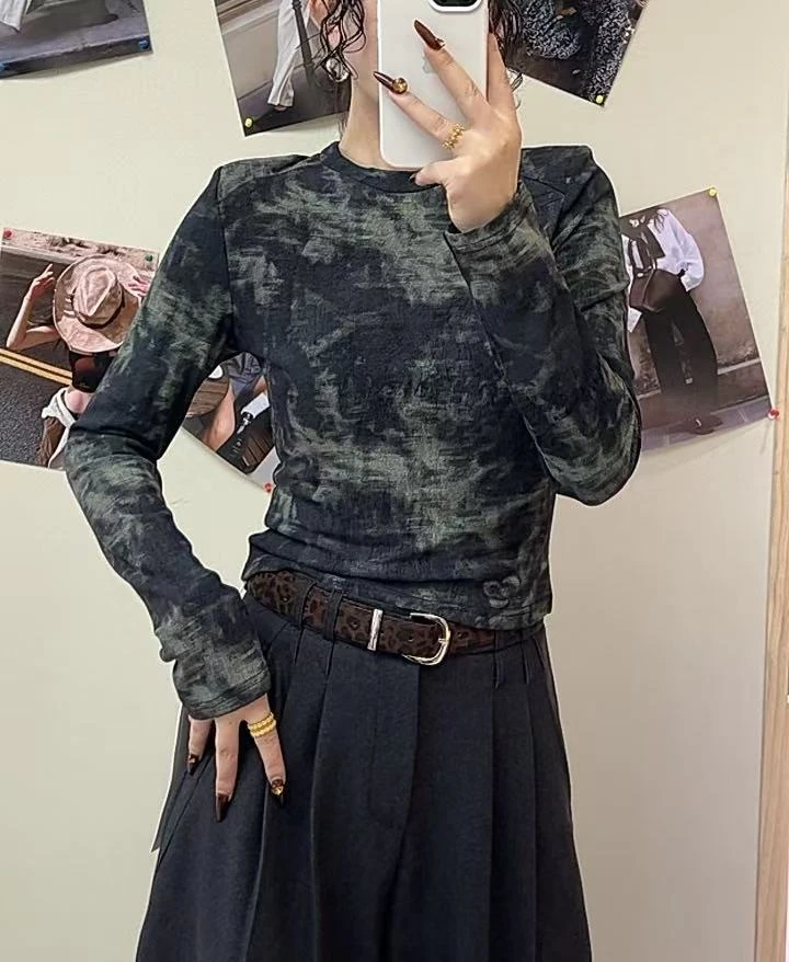 法式扎染圆领套头长袖T恤女秋季新款休闲修身显瘦百搭上衣8821