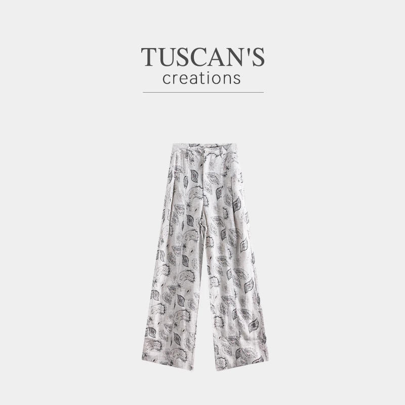 TUSCAN'S CREATIONS时尚百搭花纹高腰直筒薄款休闲裤时代双鱼女装