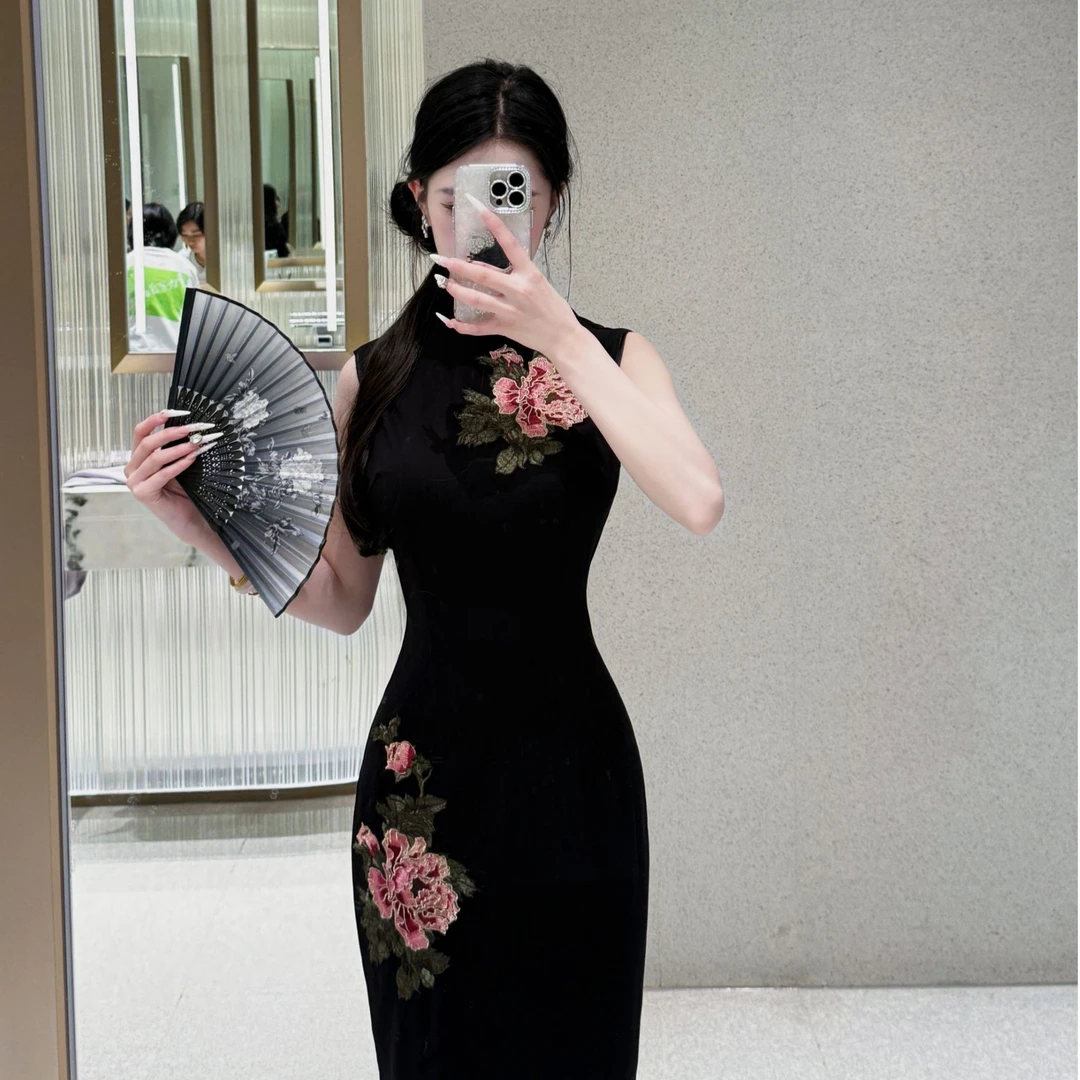 LHMknk1画报夫人原创自制夏季无袖中式旗袍  金笔牡丹不退不换