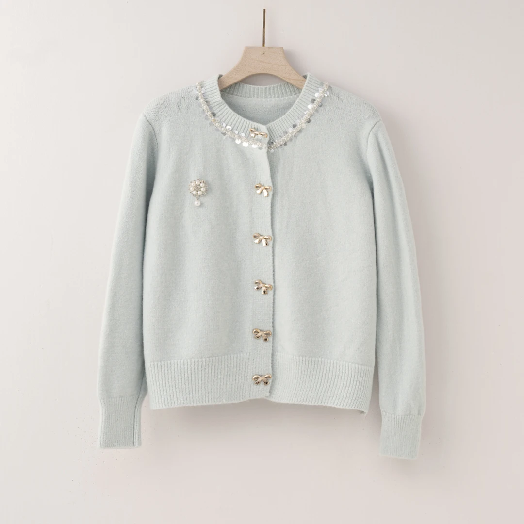 N3016温柔冬季重工钉珠长袖针织开衫超好看毛衣外套