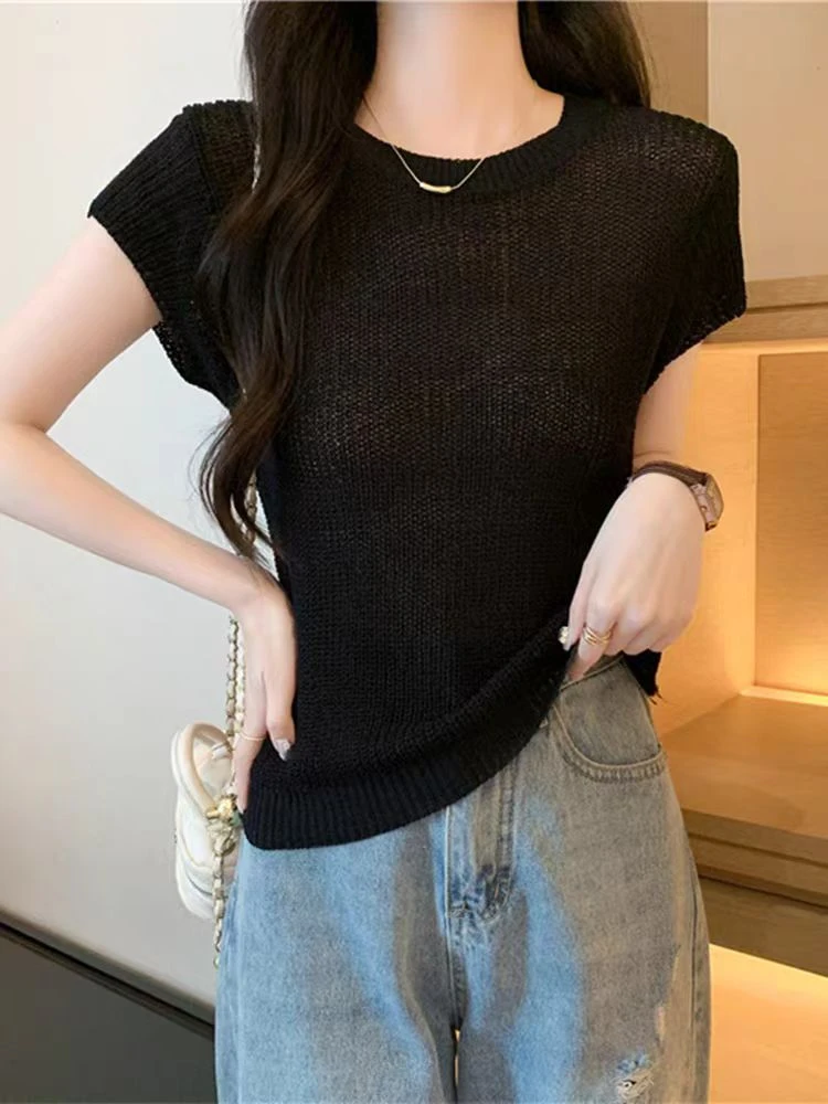 2301【衣长45】2025夏季新款薄款镂空短袖针织衫显瘦短款无袖透气