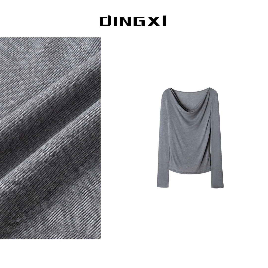 【年会女神款】褶皱长袖T恤抗皱休闲法式荡领不规则