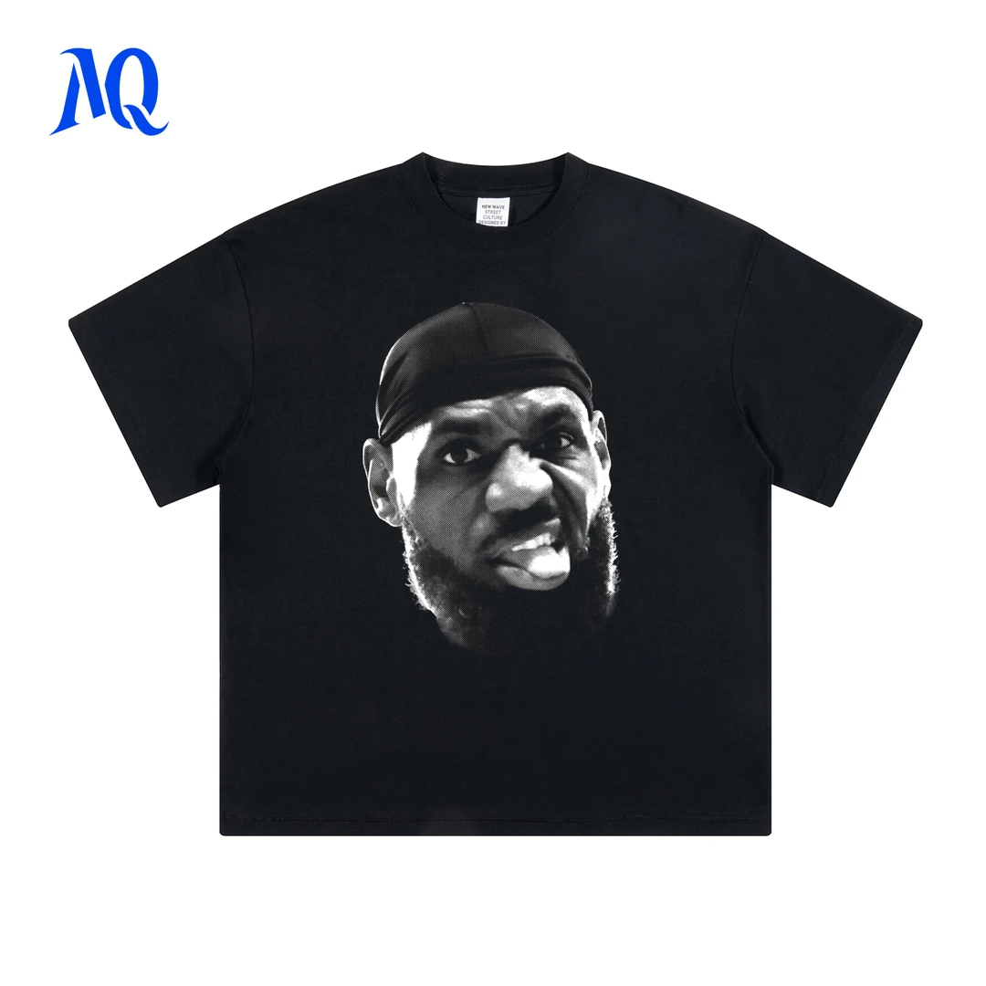 MQ原创25SS詹姆斯恶搞吐舌头大头印花T恤美式复古撞色高级感男装