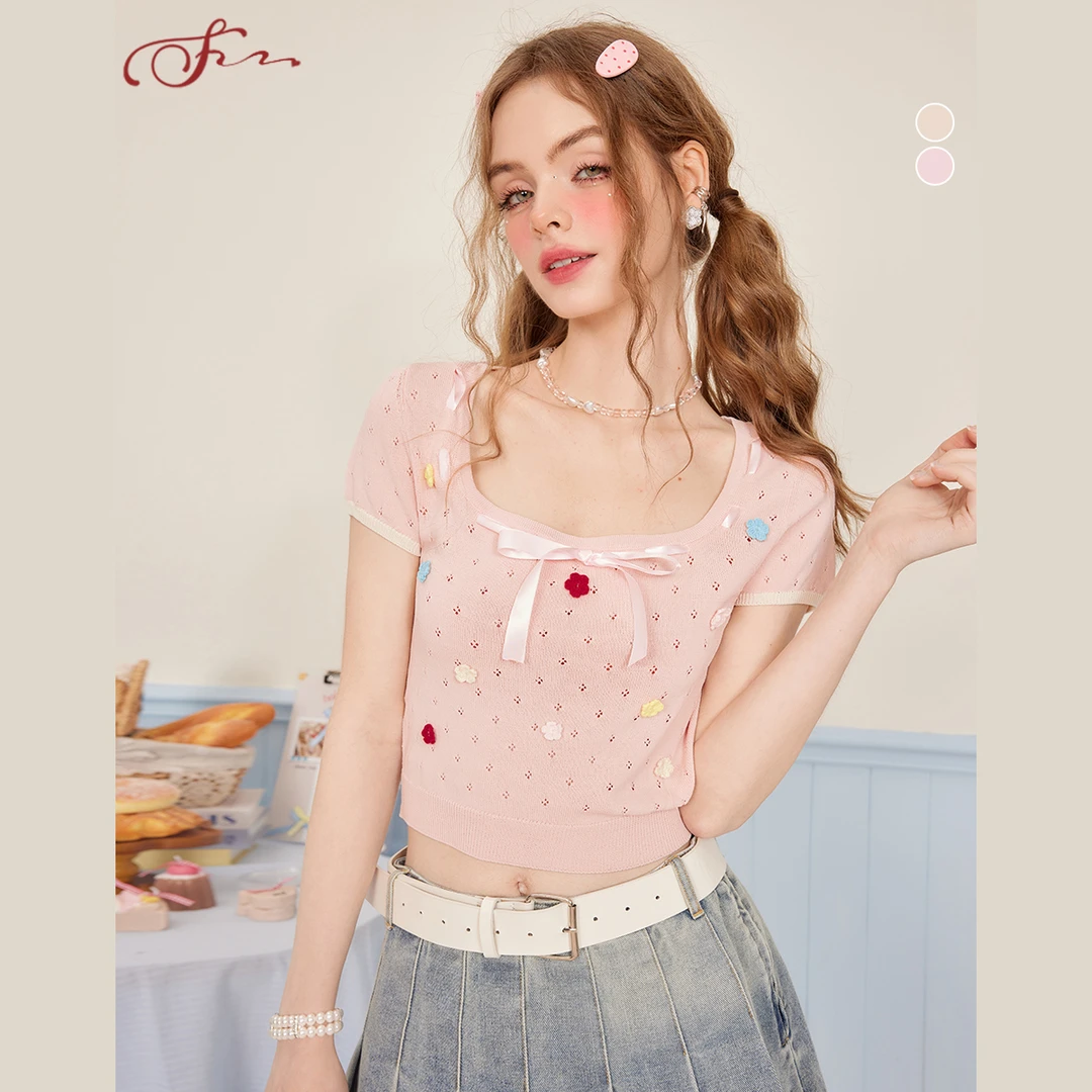 SEENFAAN盛放25年夏季新款甜美少女短款方领T恤女立体装饰设计感