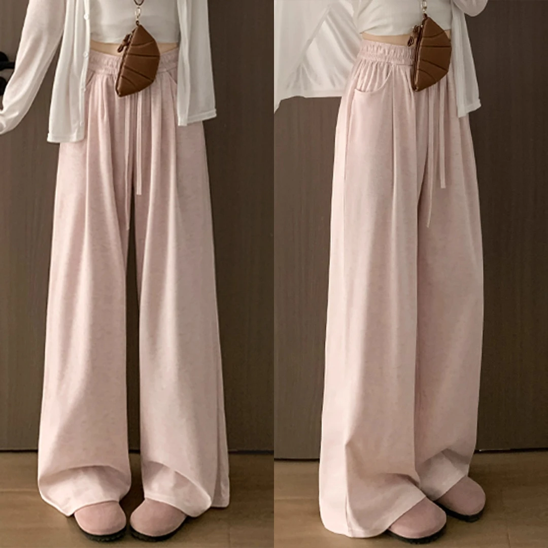 粉色休闲慵懒风糯米裤女款春秋季2025新款高腰宽松垂感显瘦阔腿裤