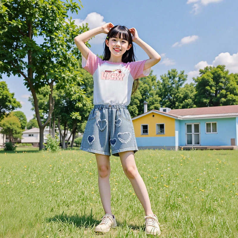 女大童牛仔短裤夏季新款初中生爱心热裤薄款中学生女孩夏装裤子