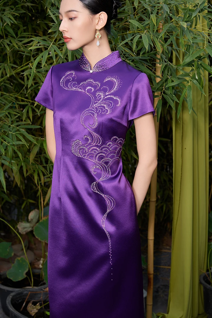 [中国六礼]手工烫钻海浪纹显瘦气质喜妈妈喜婆婆婚宴旗袍