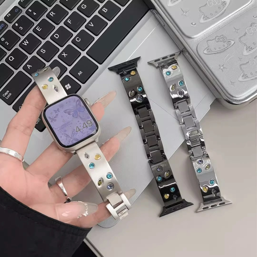 新款五彩钻金属适用ApplewatchS9/s10表带iwatch8苹果手表7女生se