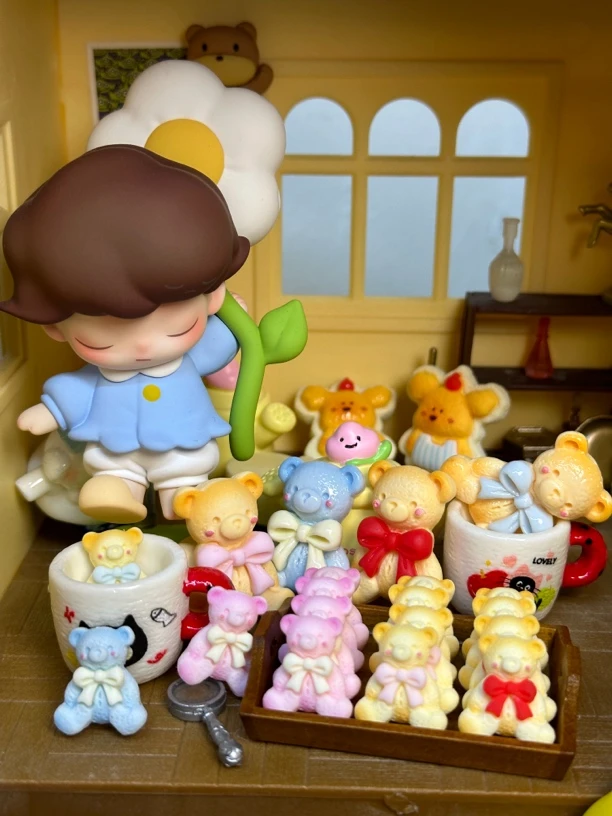 【小鱼仔原创】迷你蝴蝶结小熊树脂食玩配件红色全亮