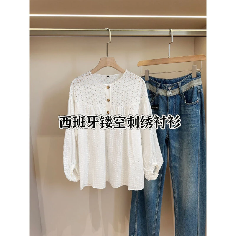 西班牙单 重工刺绣镂空九分灯笼袖衬衫