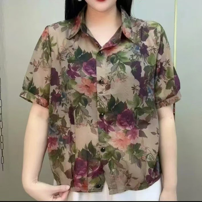 百搭翻领碎花中年妈妈装短袖纽扣衬衫夏季宽松型大码上衣