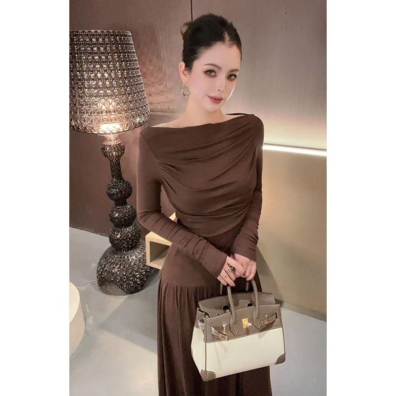 （套装）一字肩压褶长袖针织半身裙套装TZ30979