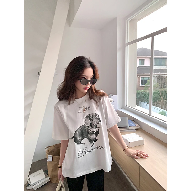 CHERI.Z快乐小狗 1oo荃棉 柔软洗慵懒氛围感 显瘦宽T恤