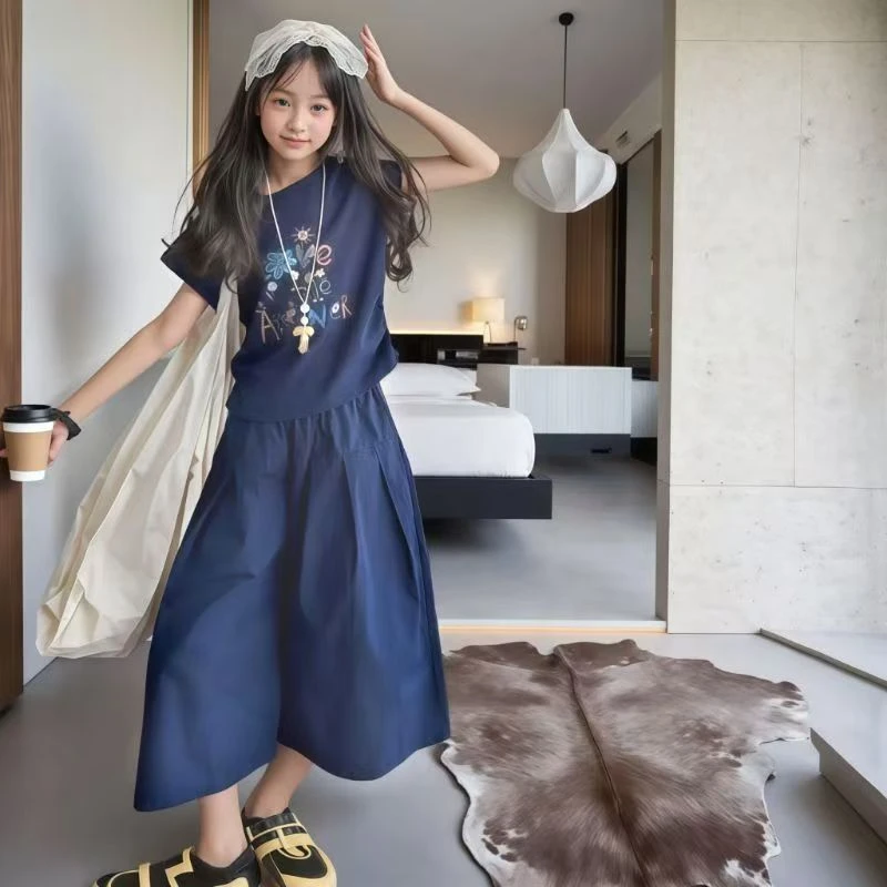 女童套装夏季2025新款网红高级中大童儿童超洋气短袖裙裤两件套潮