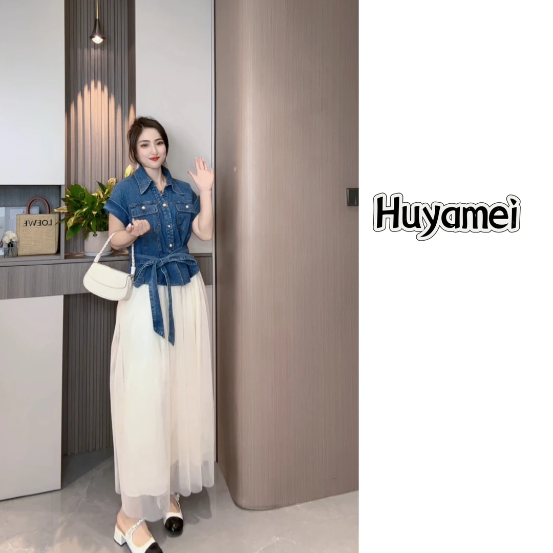 法式气质蕾丝拼接牛仔连衣裙夏季显瘦收腰优雅长裙