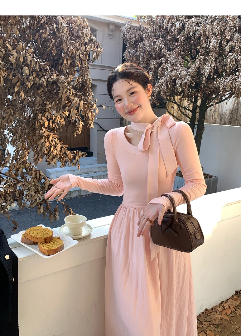 【奶霜桃桃】韩版挂脖针织长袖连衣裙女温柔风收腰秋季长裙