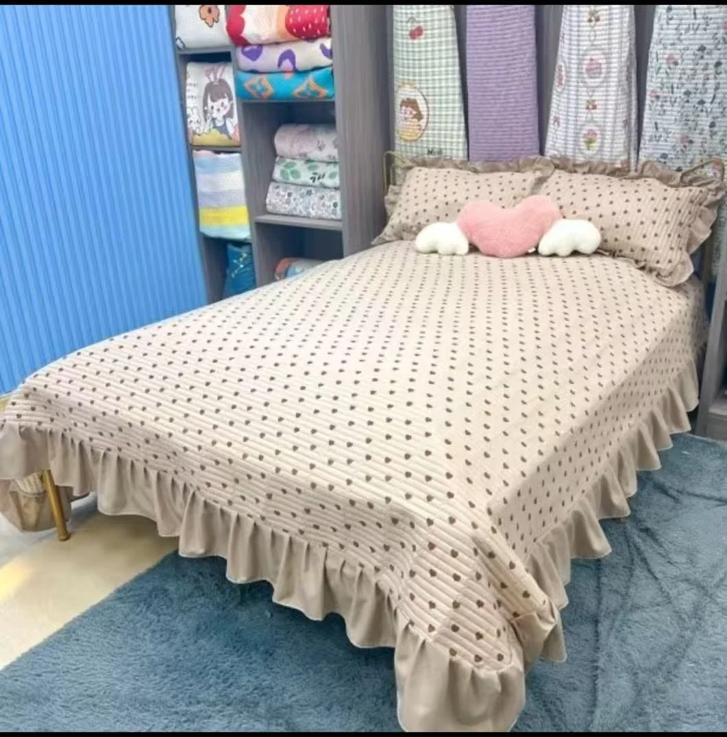 A类水洗棉床盖加大荷叶边花边裙边床盖四季可用