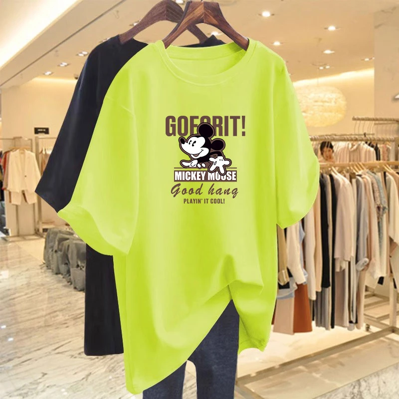 荧光绿纯棉短袖T恤女夏2026新款慵懒风时尚宽松休闲圆领半袖上衣