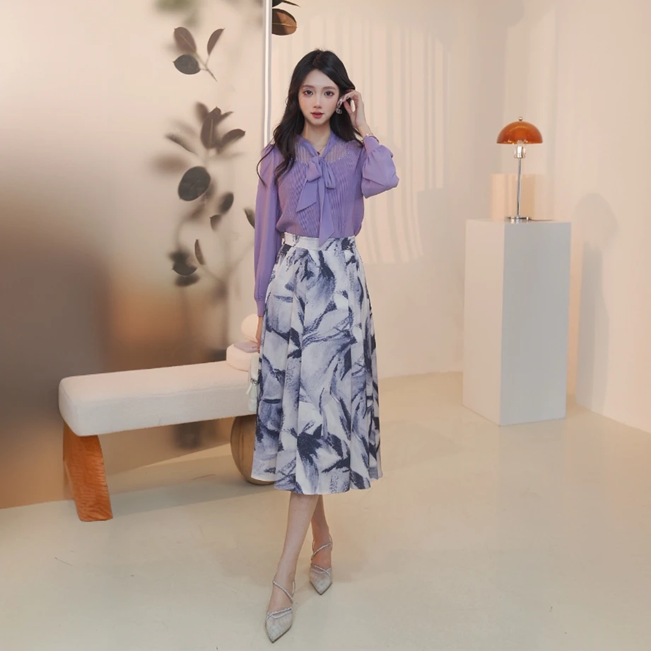 赢智尚浪漫紫罗兰飘带领针织衫女印花半裙时尚套装女ZB-ZZ00419