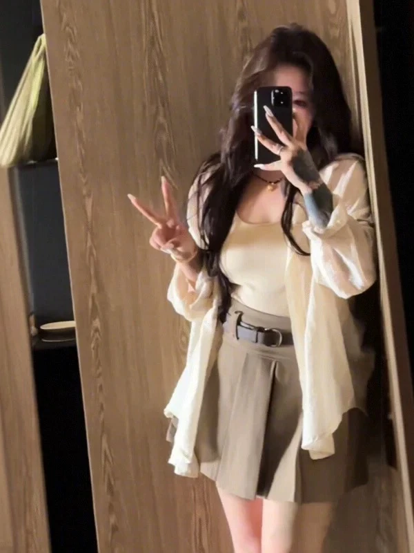 韩系纯欲风衬衫吊带背心百褶短裙三件套夏季新款时尚显瘦辣妹套装