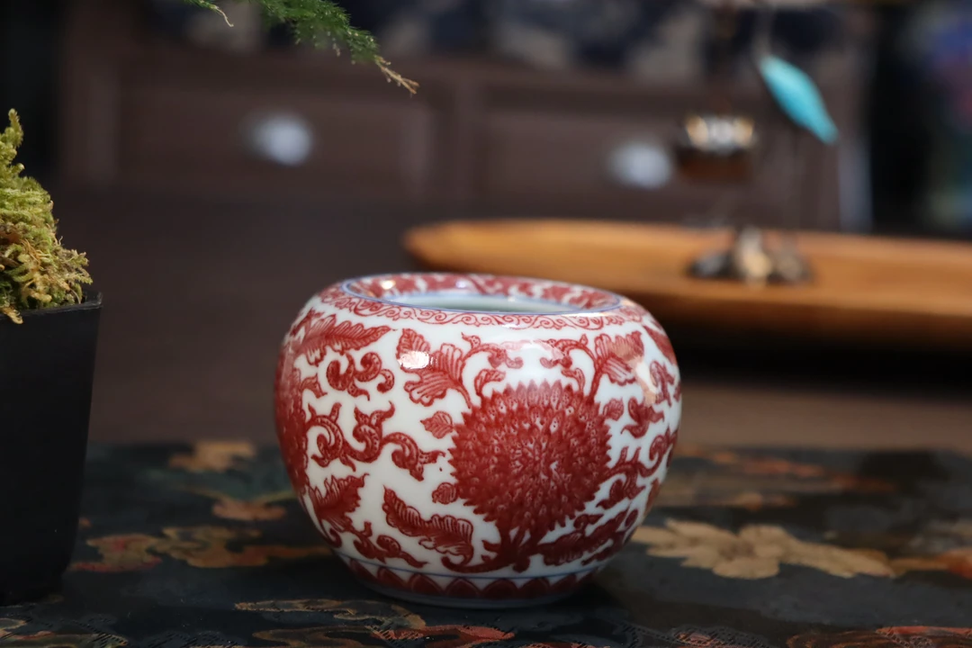 景德镇陶瓷纯原矿釉里红精细点工博物馆同款苹果尊缠枝花瓶矾红