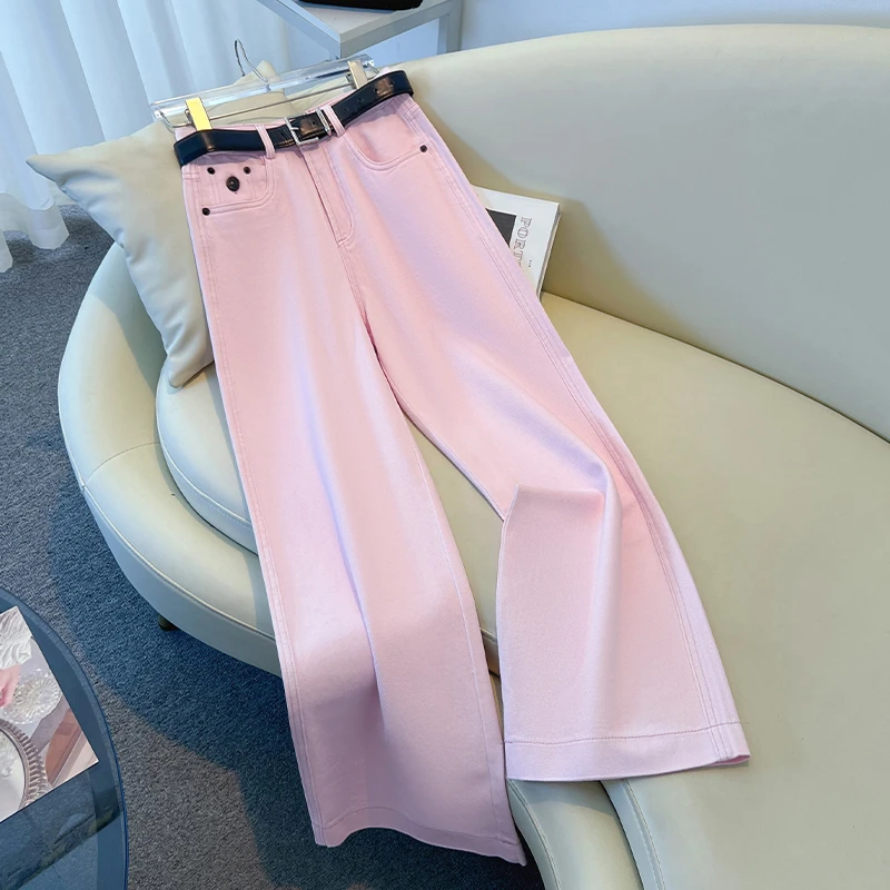 浅粉色高腰宽松阔腿牛仔裤女2025春秋季新款今年流行爆款直筒裤子