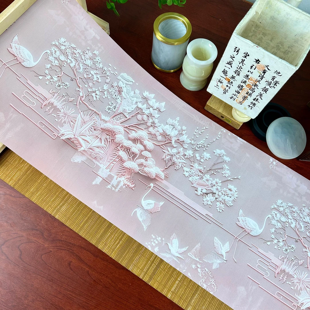 122.【粉色浮雕仙鹤长卷】蜡染半生熟34cm*10m