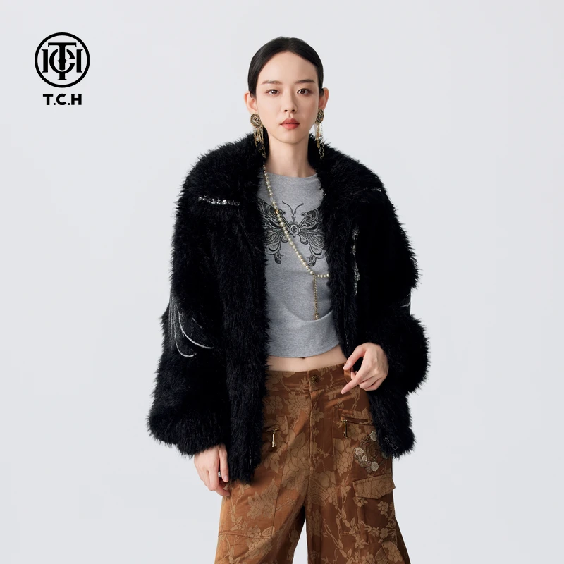 轻奢-TCH潮牌烫钻蝴蝶结翅膀加厚毛毛外套女时髦气质T72D056011