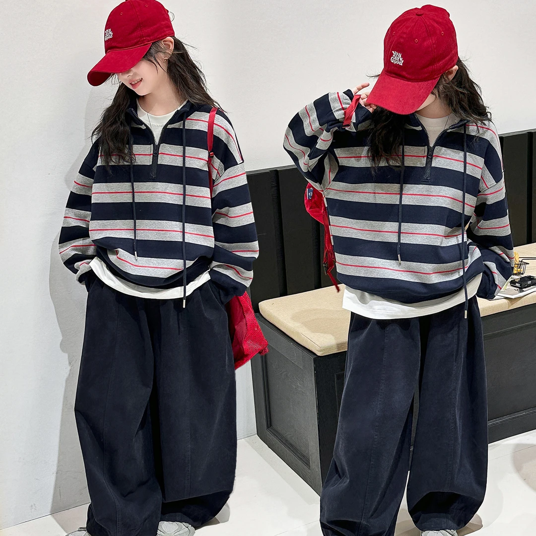 女童秋装网红套装2025年款衣服儿童春秋款休闲时尚条纹卫衣两件套