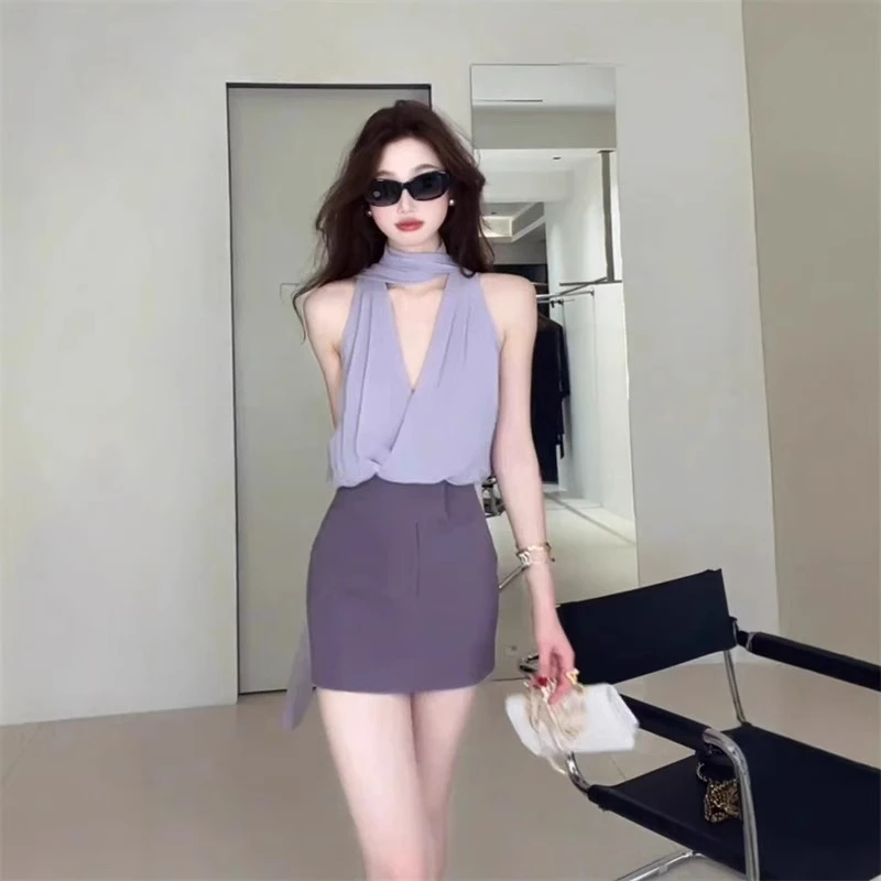 法式纯欲风气质高级无袖上衣显瘦辣妹飘带背心高腰包臀短裙套装女