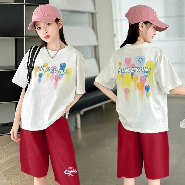 女童时髦夏季棉质休闲T恤套装百搭中大童女孩洋气纯棉短袖五分裤