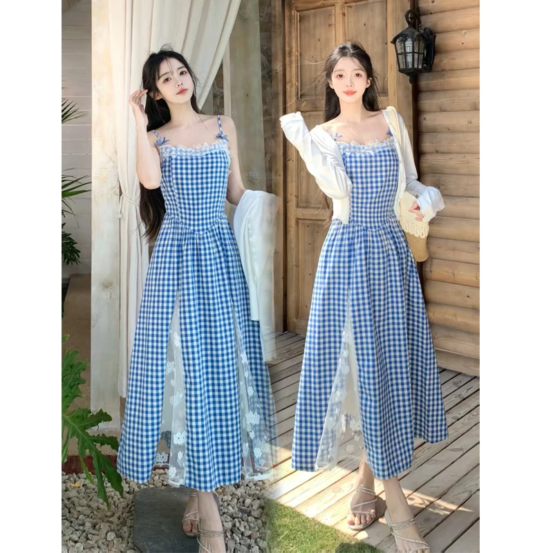 大码肖夫人海底信筏格子蕾丝显白修身碎花吊带连衣裙气质长裙开衫