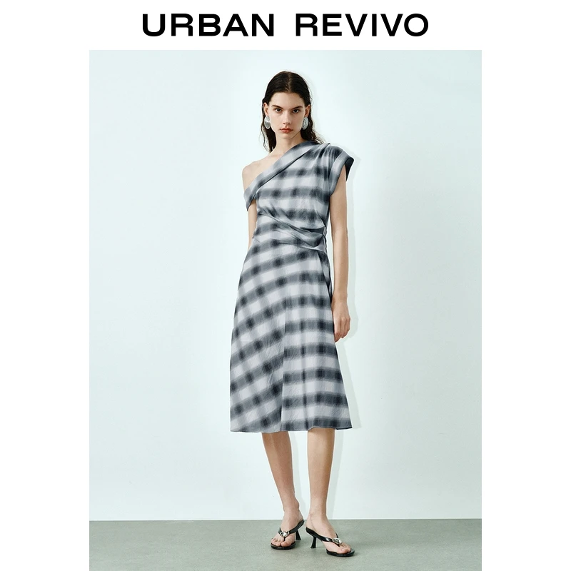 UR2025秋季新款女装休闲斜肩领褶皱格纹无袖连衣裙UWJ750080