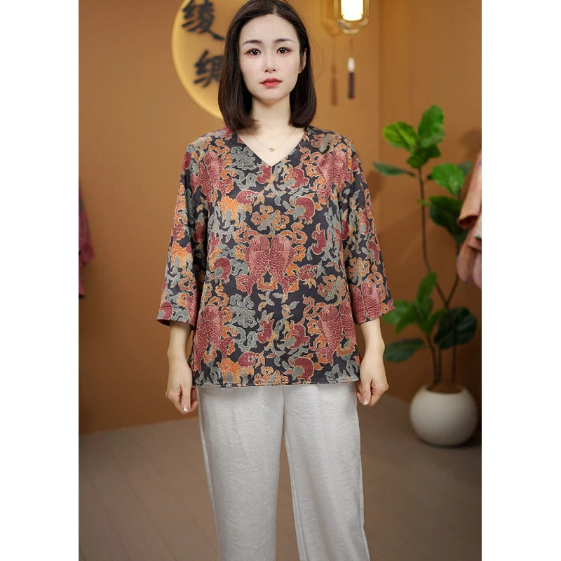 【双鱼锦鲤】七分袖国风V领高端气质上衣时尚宽松T恤显瘦洋气-25108