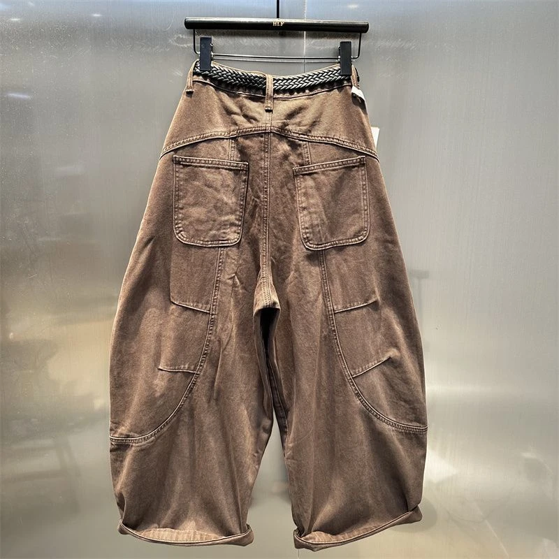 2025年春秋季新款时尚高街阔腿裤美拉德风咖色弯刀牛仔裤女长裤