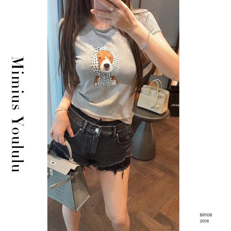 【mimius】琳琳韩系俏皮波点围巾撞色小狗印花短袖 G03533