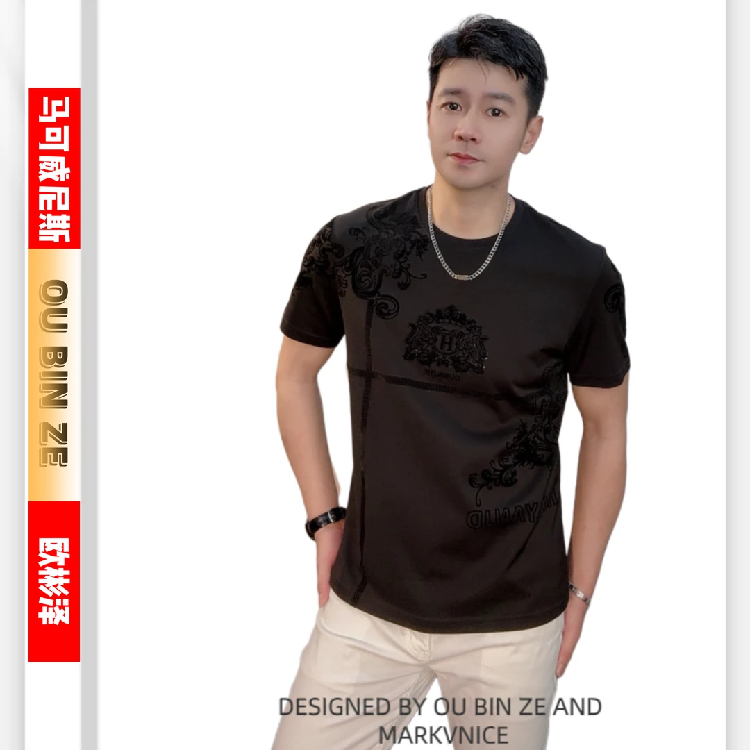 欧彬泽【巨蟹座】欧货液氨植绒烫钻夏季男装圆领短袖T恤6088