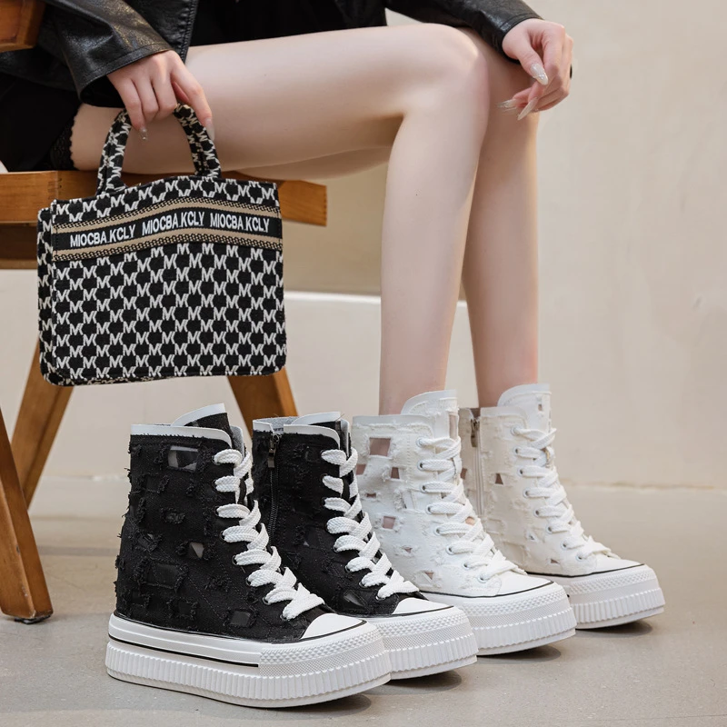 【增高13CM】超高网纱透气女鞋2025春夏新款高帮破洞小个子厚底帆布