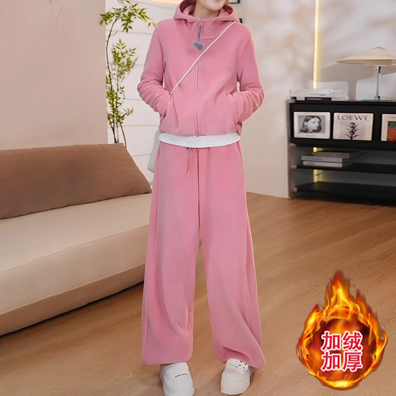 2025秋冬季新款女士粉色时髦休闲运动套装加绒加厚卫衣卫裤两件套