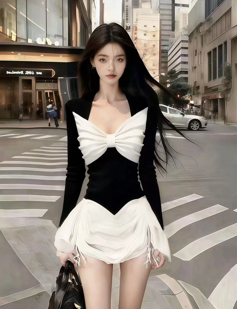 韩版时尚高级感小众裙子撞色V领设计感修身长袖收腰显瘦连衣裙