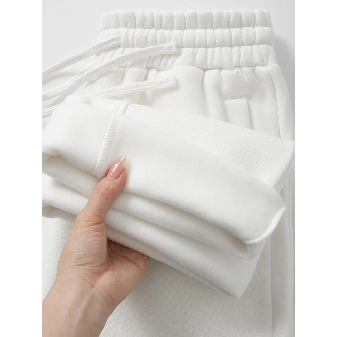 白色美式加绒加厚裤子宽松休闲运动卫裤重磅裤子男款秋冬款直筒裤