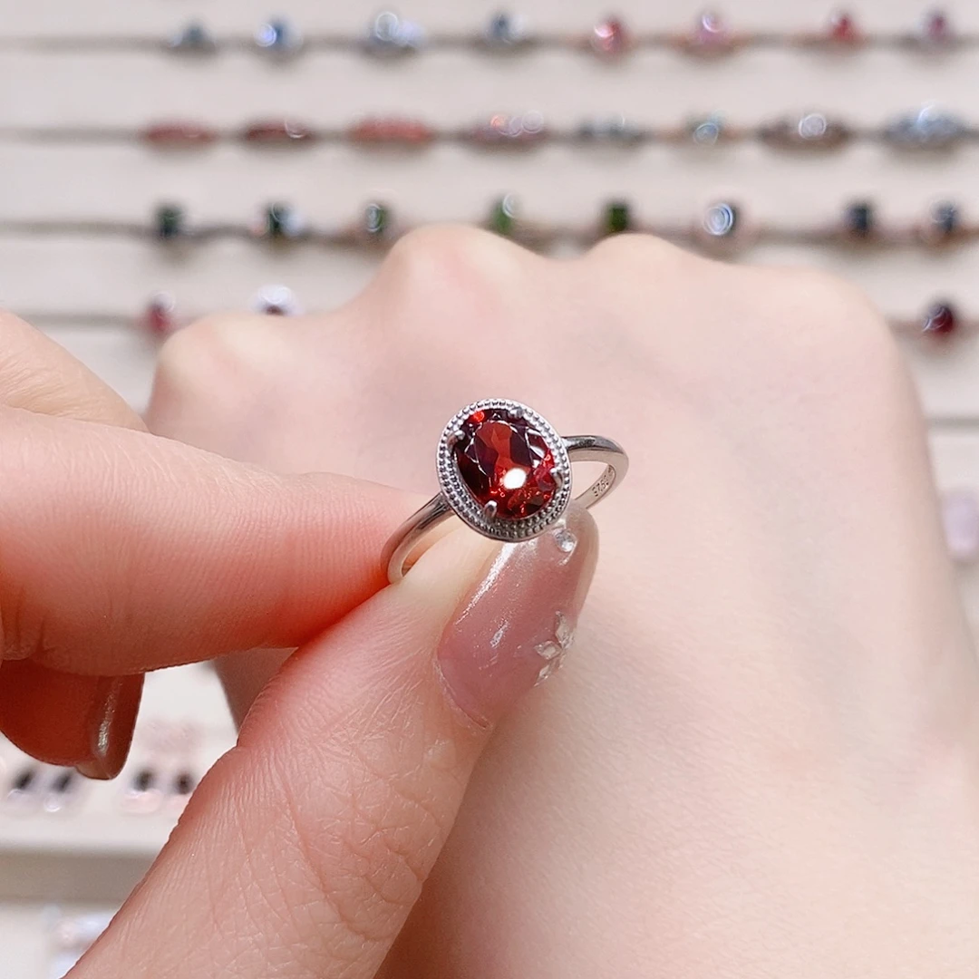 石榴石戒指银S925镶嵌戒指