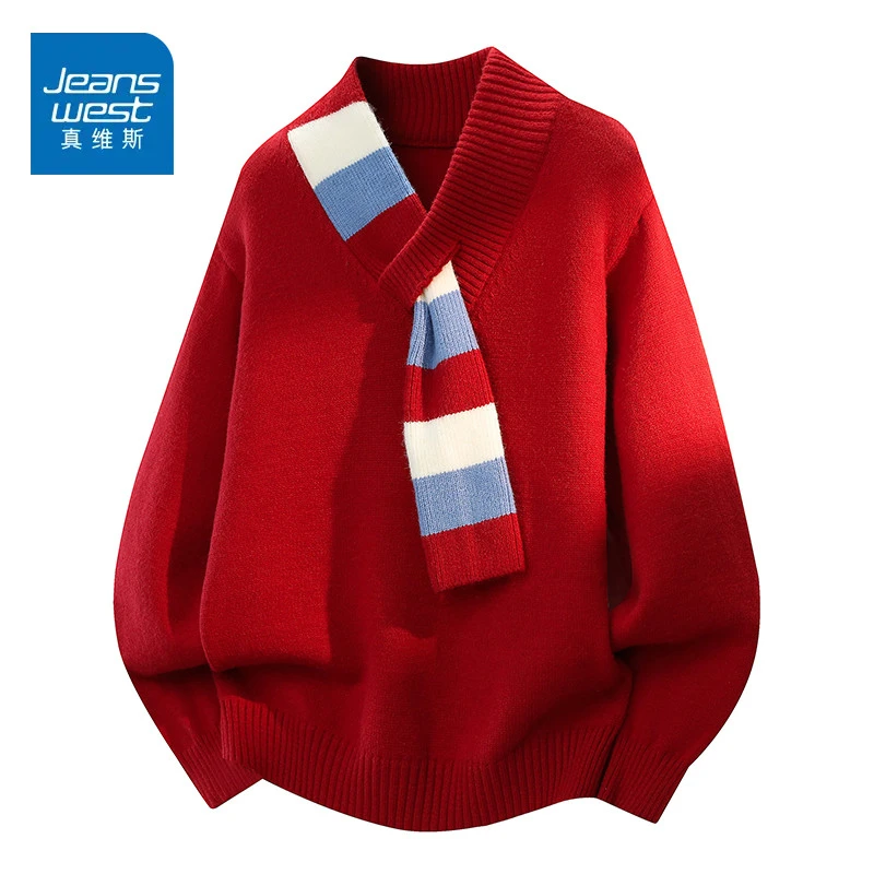 真维斯红色新年毛衣男款2025马年本命年内搭针织衫宽松上衣服线衣