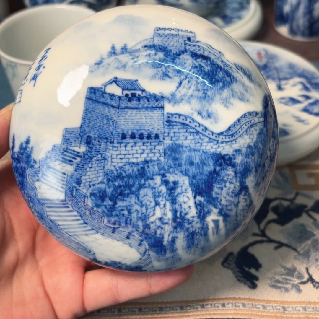 静***言陶柴窑青花瓷长城印泥盒