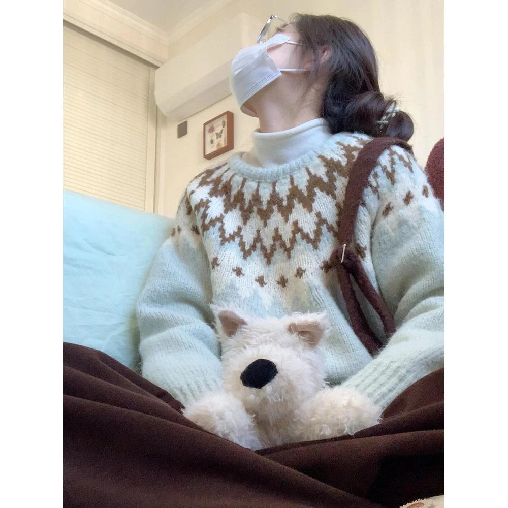 费尔岛圆领套头毛衣女秋冬2025新款慵懒风高级感加厚宽松针织上衣